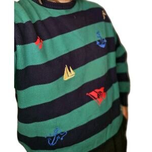 vintage Lord Jeff Nautical Embroidered Striped Cotton Sweater Green Navy Men's